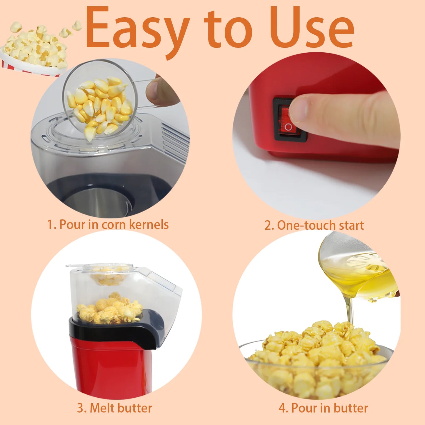 YUOFD Hot Air Popcorn Machine, No Oil Popcorn Maker, 95% Popping Rate