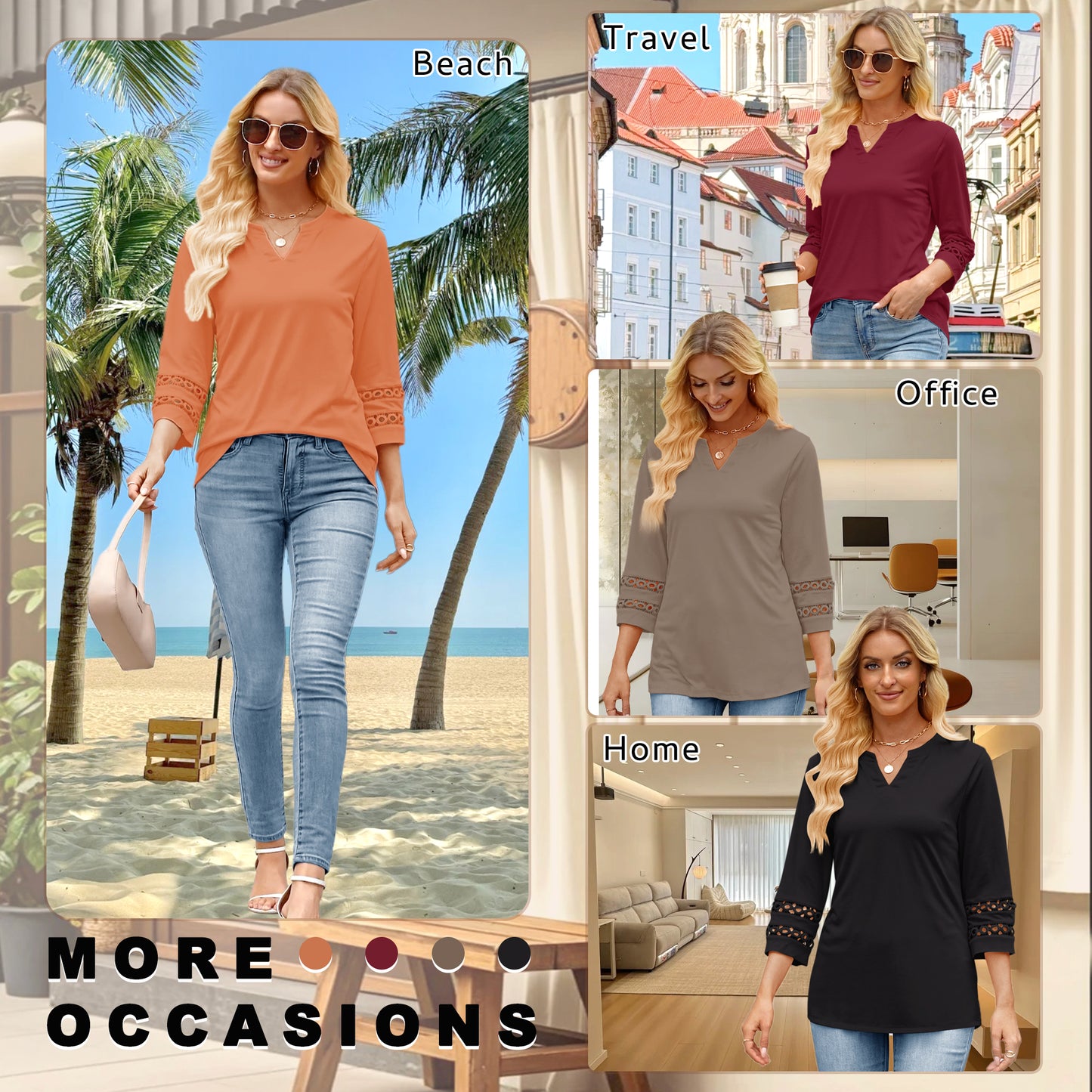 VDJ Women Blouses Casual V Neck T Shirt Loose Fit Solid Color 3 4 Length Sleeve Ladies Elegant Wine Red Tunic Tops