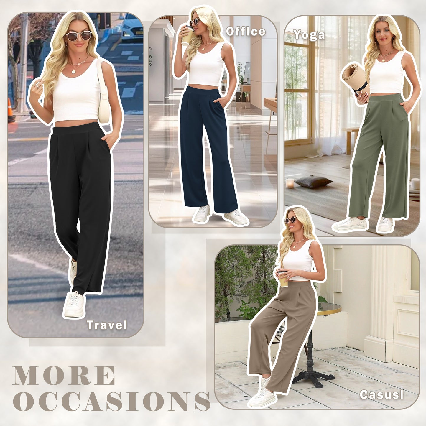 VDJ Wide Leg Pants for Women High Waist Casual Ahleisure Pants Pull On Flare Trousers with Pockets