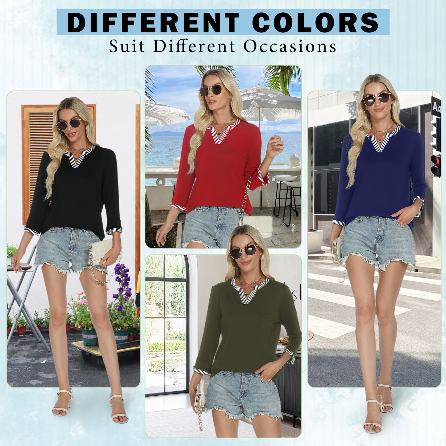 VDJ Womens Tops Henley V Neck 3/4 Sleeve T Shirts Casual Dressy Fall Blouses Color Block Army Green Business Tee Clothes