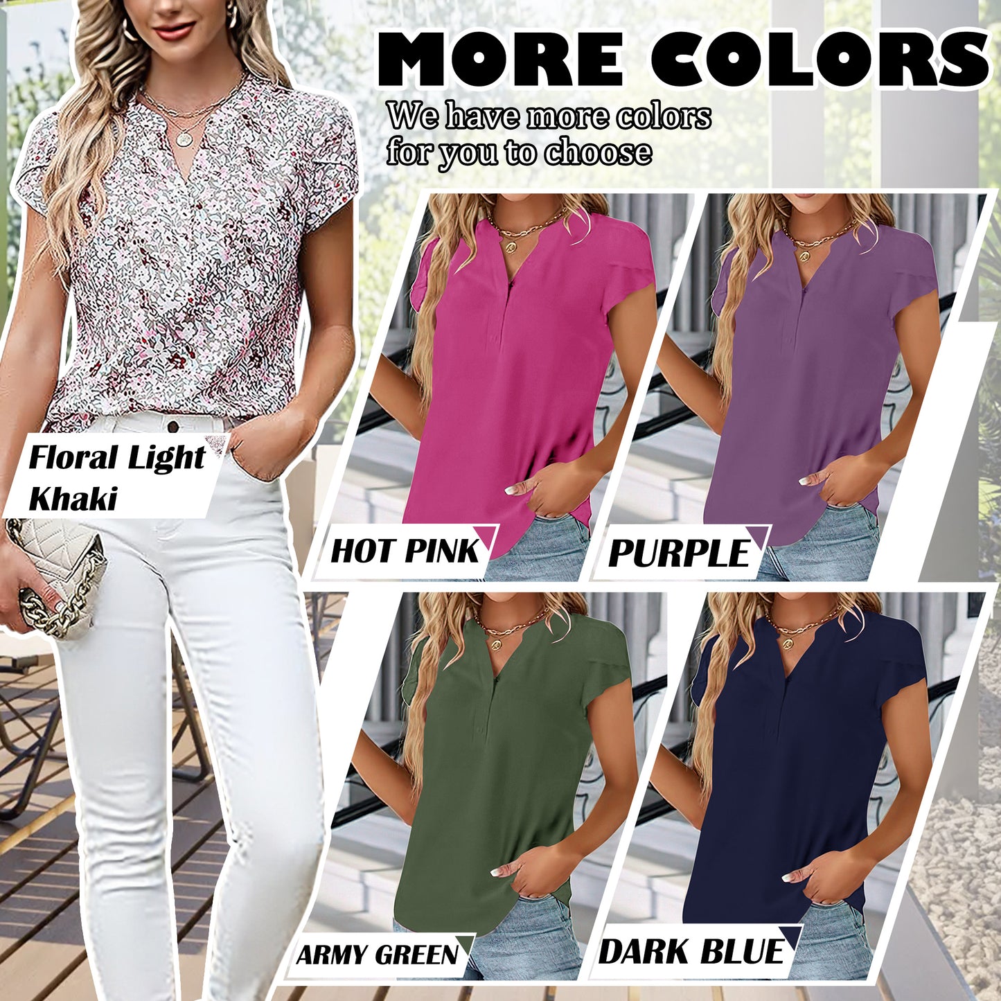 VDJ Women Summer Blouse Short Sleeve Button V Neck Business Casual Top Fashion Lightweight Purple Shirts Clothes