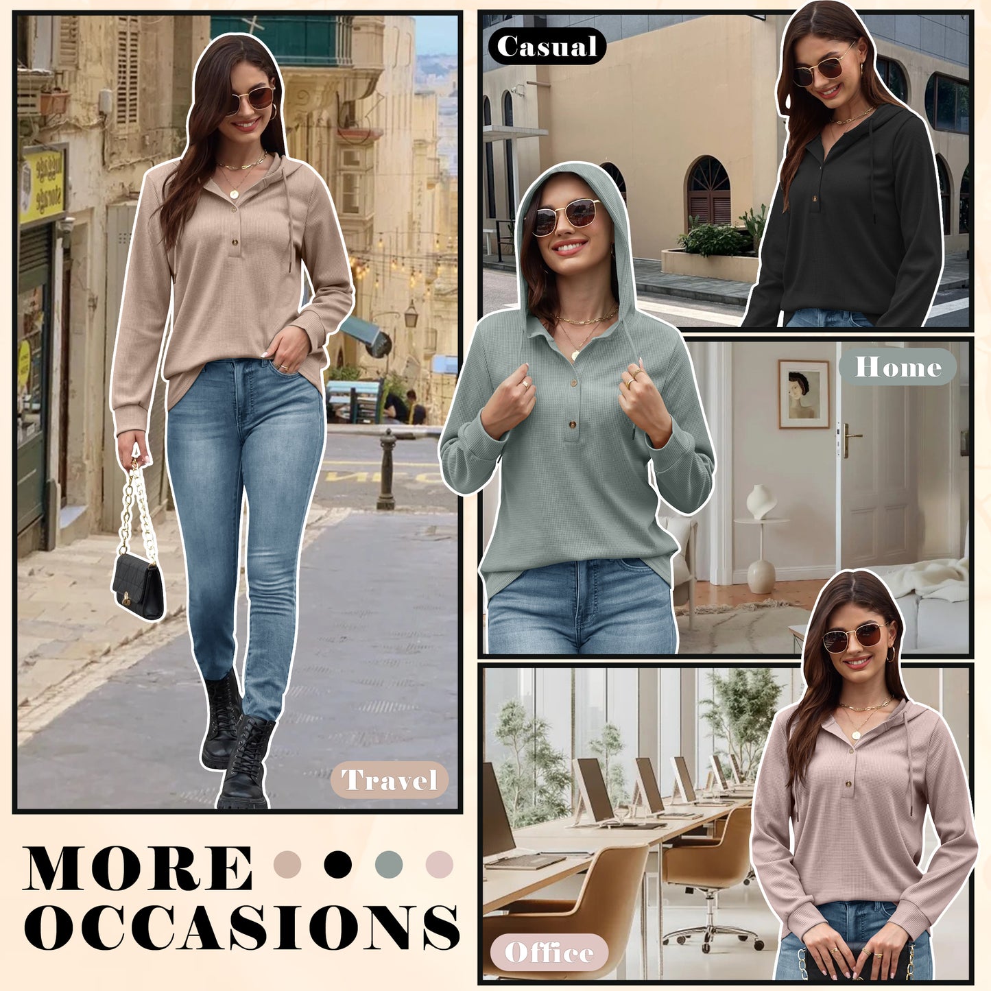 VDJ Womens Hoodies Long Sleeve Button V Neck Hooded Pullover Solid Waffle Knit Drawstring Solid Green Sweatshirts