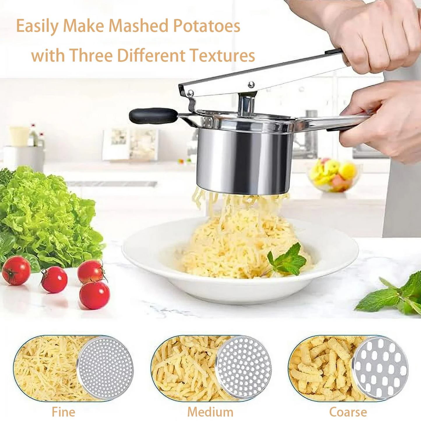YUOFD Stainless Steel Potato Ricer, 1200 ML Hanging Potato Masher with 3 Filter Disc, Crush Potatoes and Vegetables with Ease