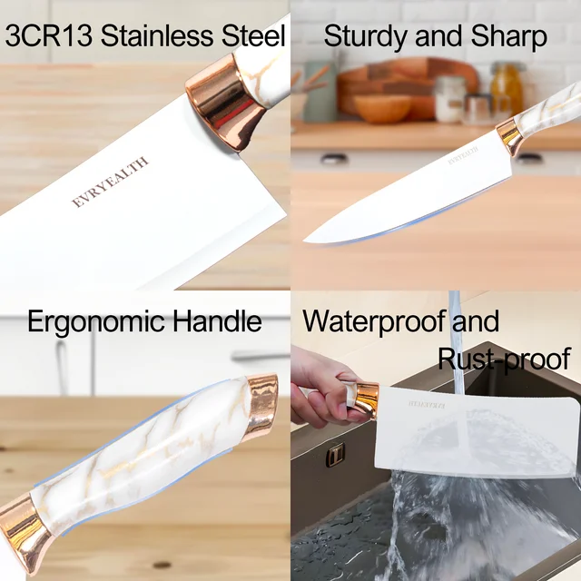 YUOFD Knife Set, 9PCS Stainless Steel Kitchen Knives Sets with Acrylic Block, Dishwasher Safe, White