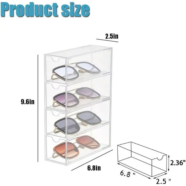 YUOFD Acrylic Sunglasses Display Box, Clear Glasses Display Cases with 4 Drawers, Stackable Jewelry Storage Boxes
