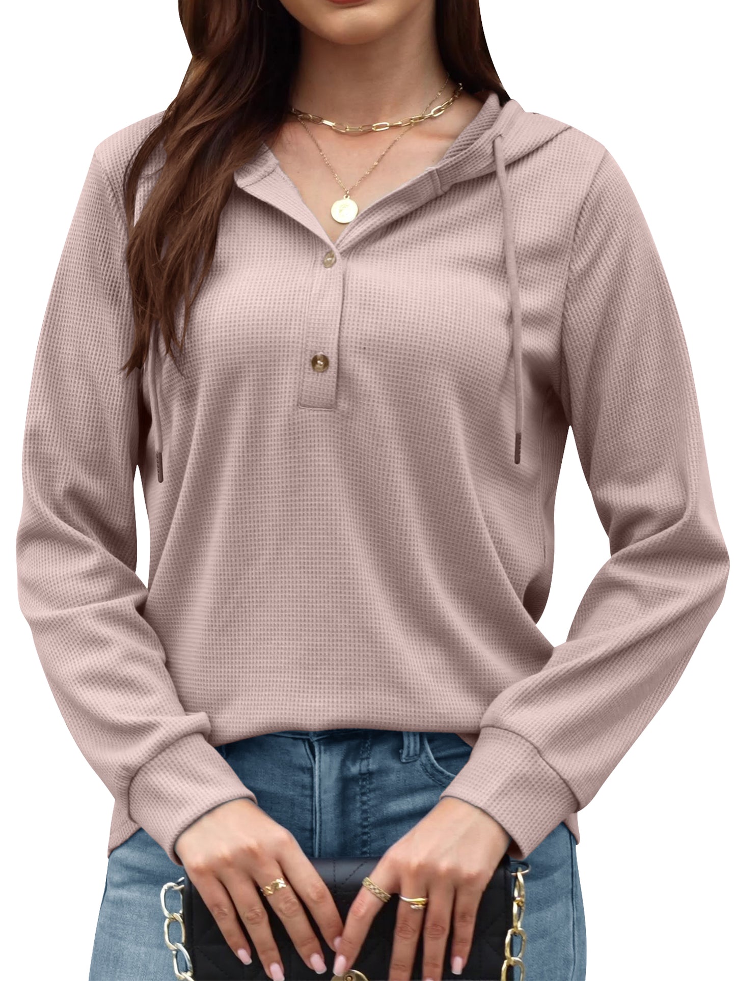 VDJ Hooded Tops for Womens Casual Loose Waffle Knitwear Drawstring Hoodies Button Cute Pink Sweatshirts