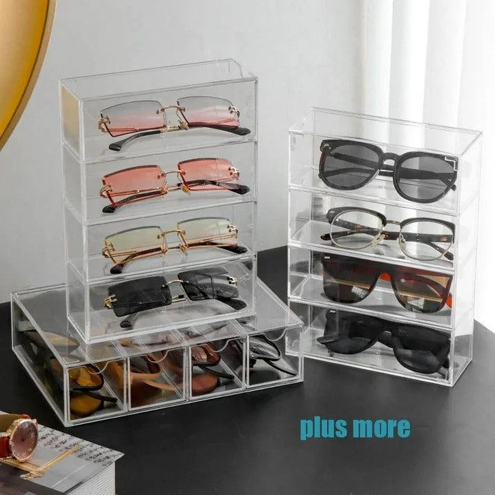 YUOFD Acrylic Sunglasses Display Box, Clear Glasses Display Cases with 4 Drawers, Stackable Jewelry Storage Boxes