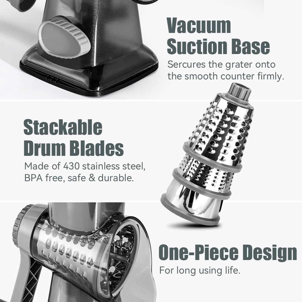 DADUMK Rotary Cheese Grater, Multipurpose Manual Shredder with 3 Blades, 1.7 lbs